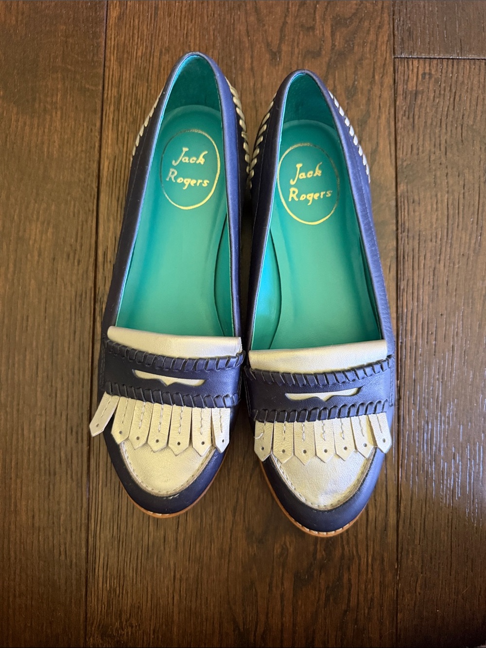 Jack Rogers Navy Blue and Silver Kiltie Loafers